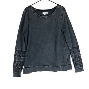 Lucky Lotus Womens Sweater Heathered Black Crew Neck Lace Sleeve 100% Cotton XL